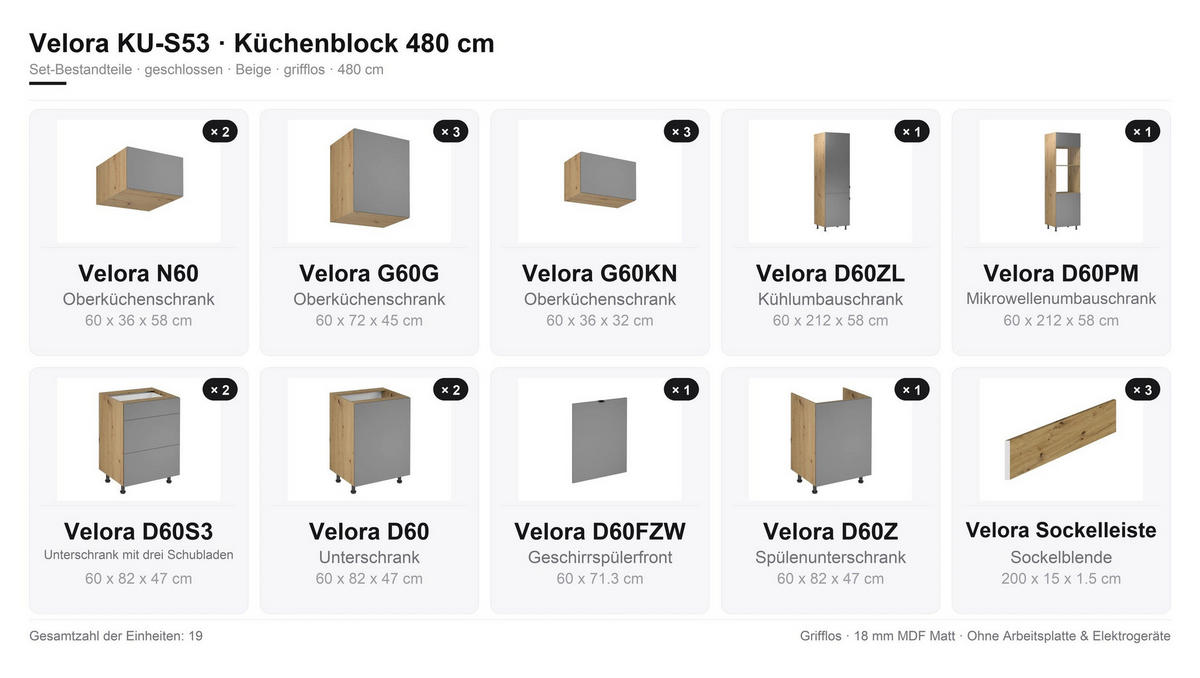 KÜCHENZEILE – Küchenblock 480 cm VELORA – KU-S53 – Beige - Beige, Holzwerkstoff (480/248/58cm) - hi-markt