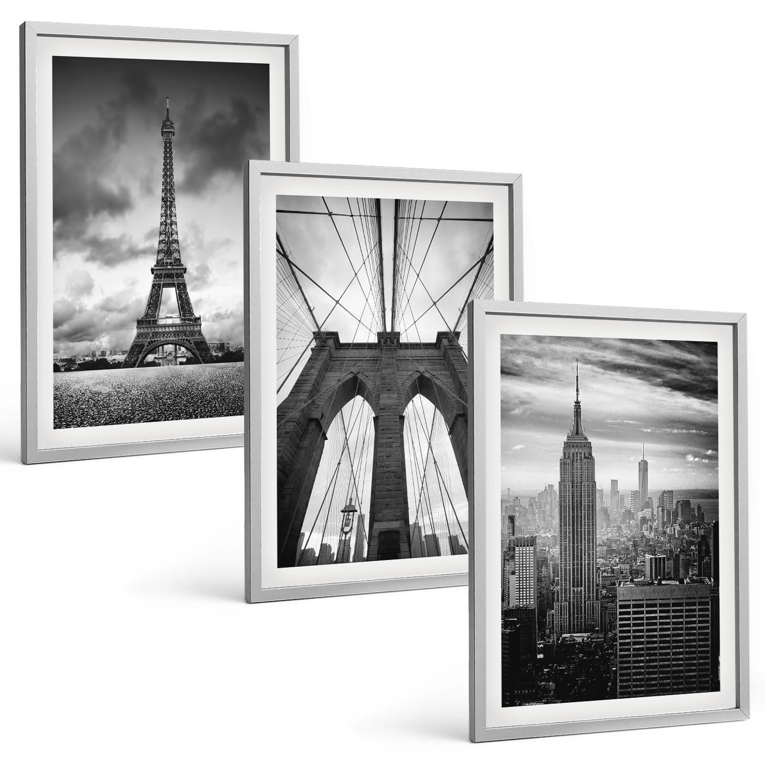 BILDER SET 3er Set - 40x60 cm Silberner Rahmen - Monochromatische Brückentürme - Silberfarben, Kunststoff (40/60cm) - TULUP