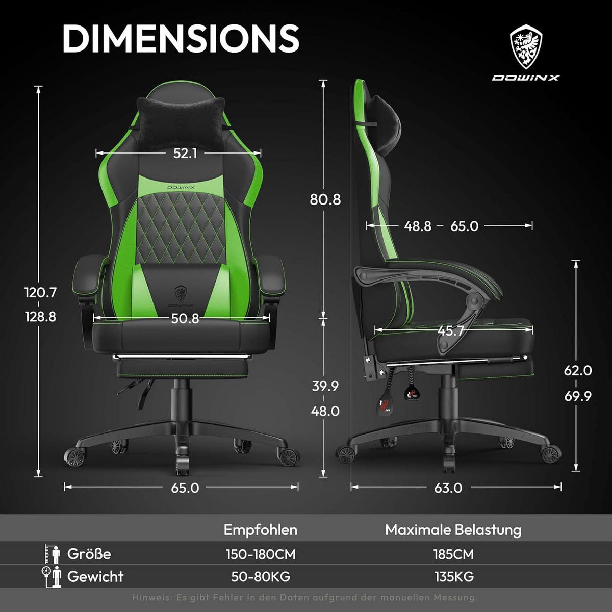 GAMING-STUHL ergonomischer mit Lendenwirbelstütze, Fußstütze, PU-Leder - Grün, Leder (65/127/63cm)
