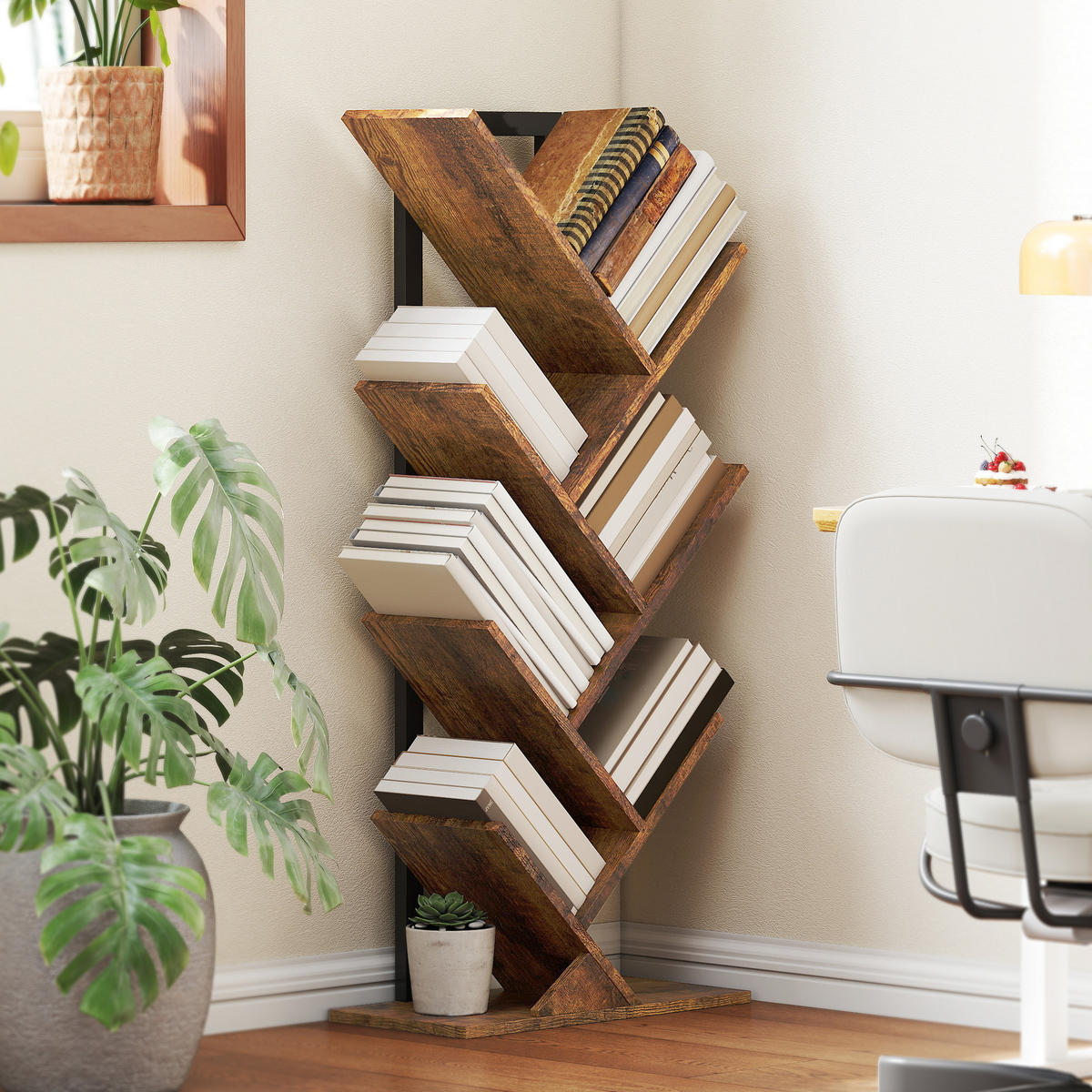 BÜCHERREGAL Standregal mit 7 Ebenen Schmal Regal im Baumform Rustikal Braun - Rostfarben/Schwarz, Holzwerkstoff/Metall (24/109/50cm) - HOMCOM
