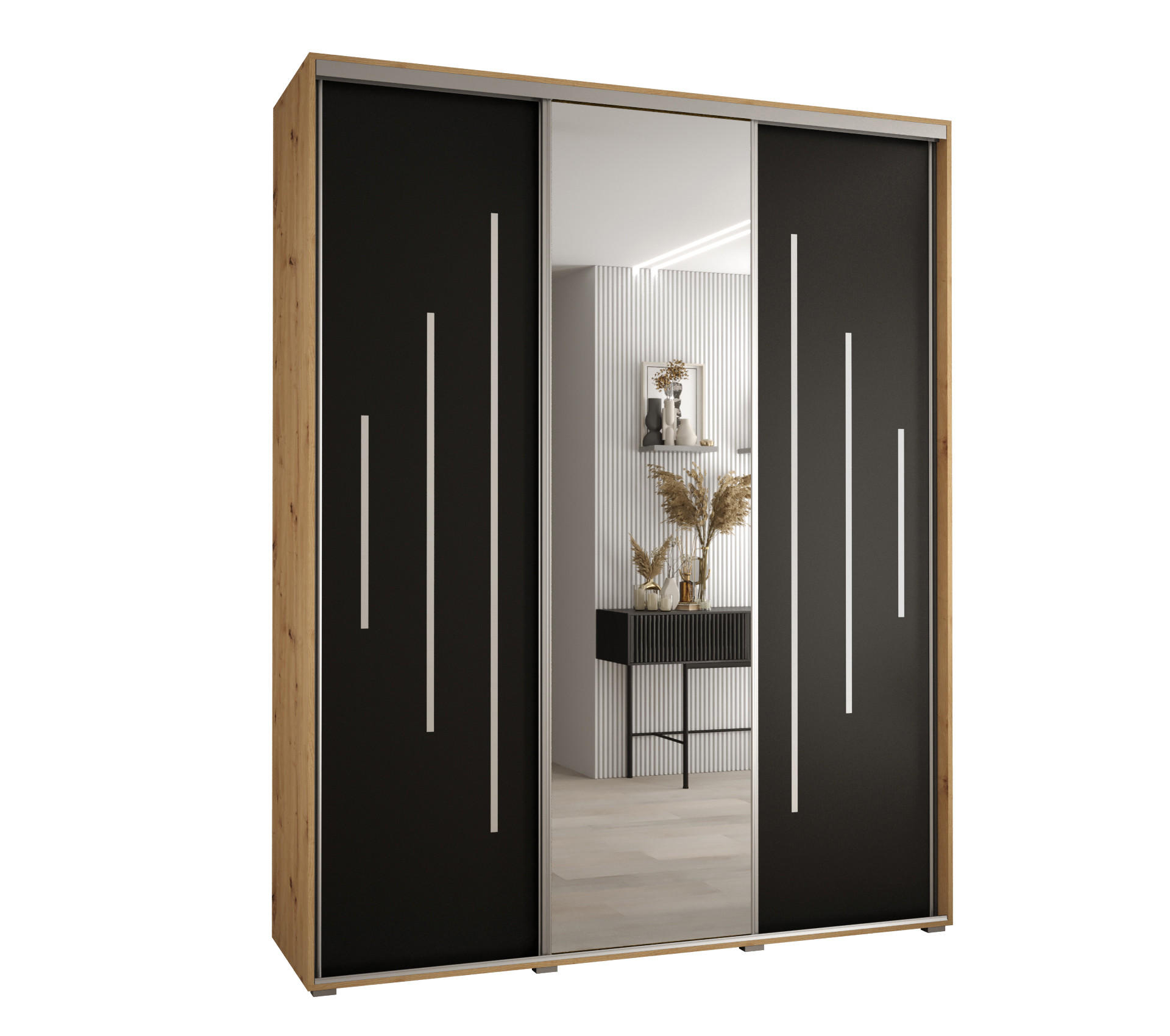 Abiks Möbel Schwebetürenschrank Eiche Artisan, Schwarz, Silber 190x235x60 cm