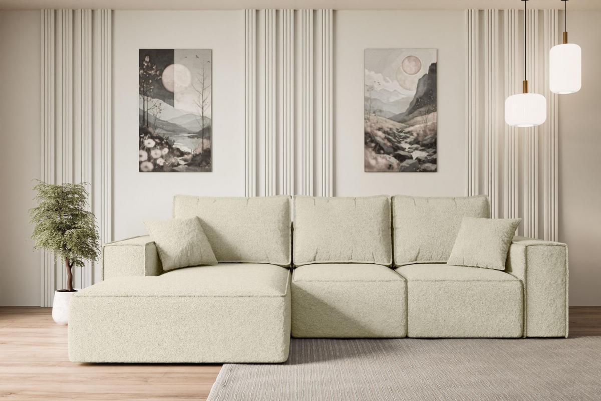 ECKSOFA mit Schlaffunktion und Bettkasten SERRA-L-S - 266x161x87 cm Beige Bouclé - Beige/Schwarz, Holzwerkstoff/Kunststoff (266/161cm) - ALTDECOR