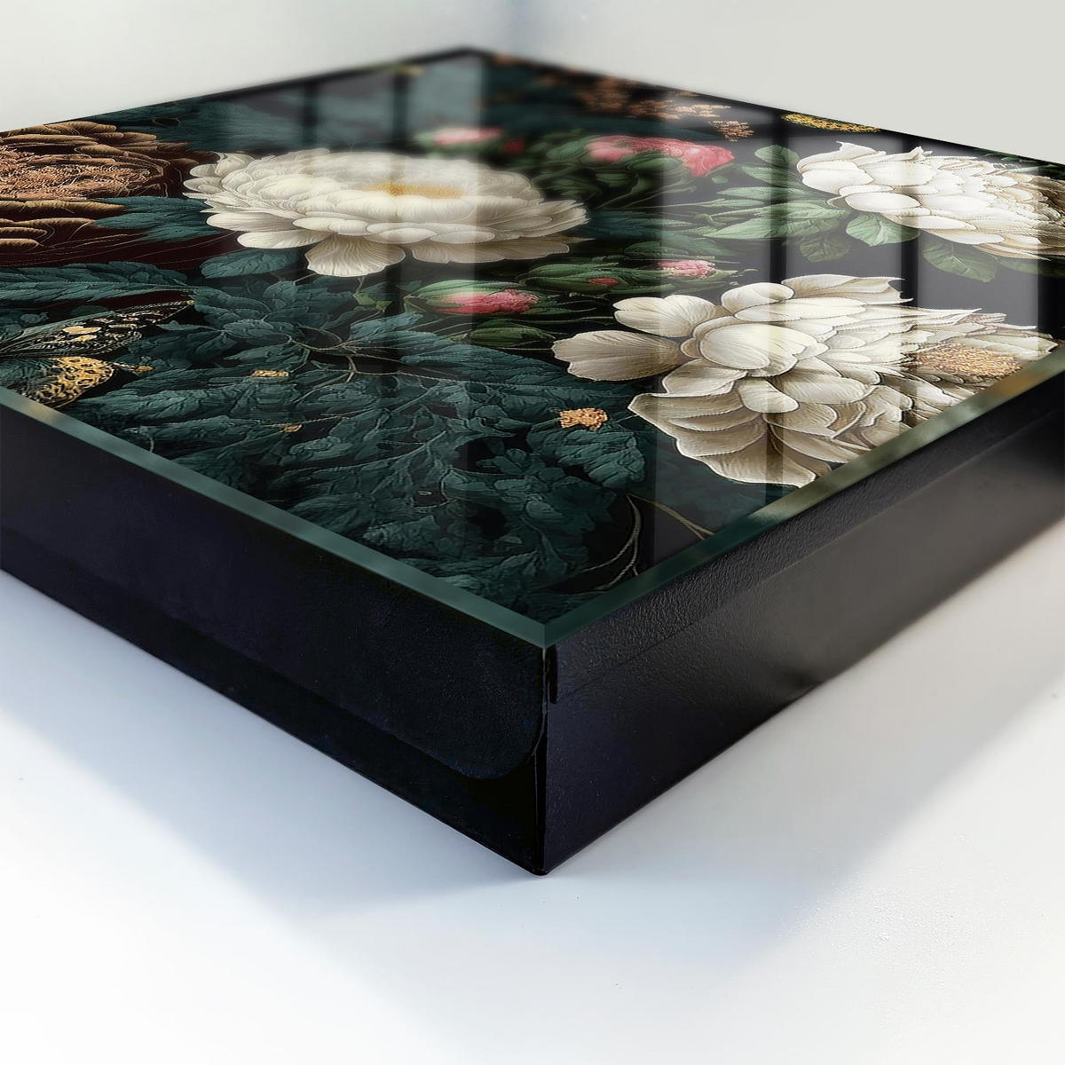 SCHLÜSSELBOX Schwarz 30x30 cm- Türöffnung nach rechts - Pfingstrosen - Grün, Metall (30/30/5cm) - TULUP