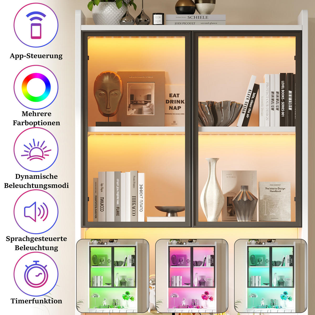 VITRINE 2er-Set 160x35x200 cm Weiß LED Glastüren - Weiß, Holzwerkstoff (160/200/35cm) - FLIEKS