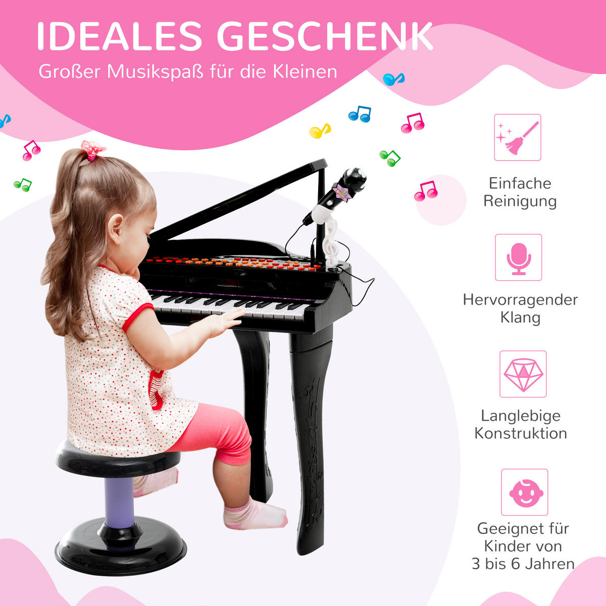 KINDER Klavier Piano - Schwarz, Kunststoff (39/69/48cm) - HOMCOM