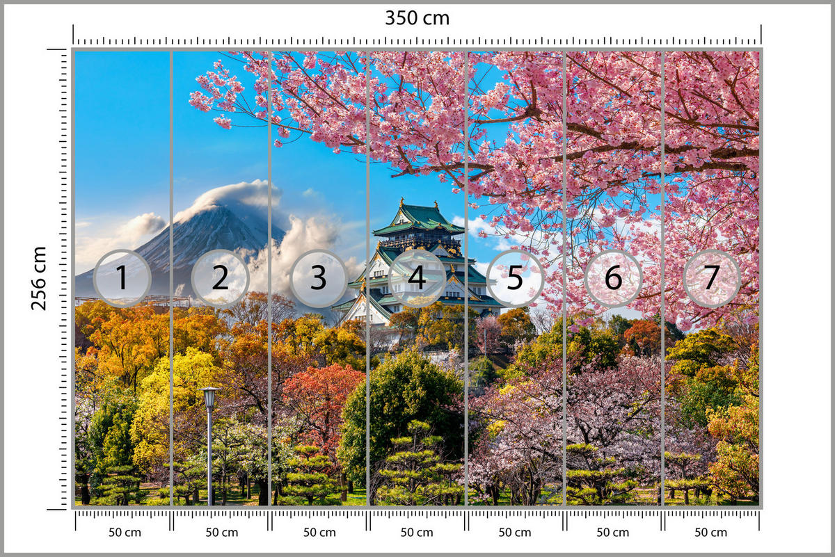 FOTOTAPETE für Wohnzimmer Kirschblüten Osaka Burg Japan Berge Bäume 350x256 - Gelb/Rosa, Papier (350/256cm) - Muralo