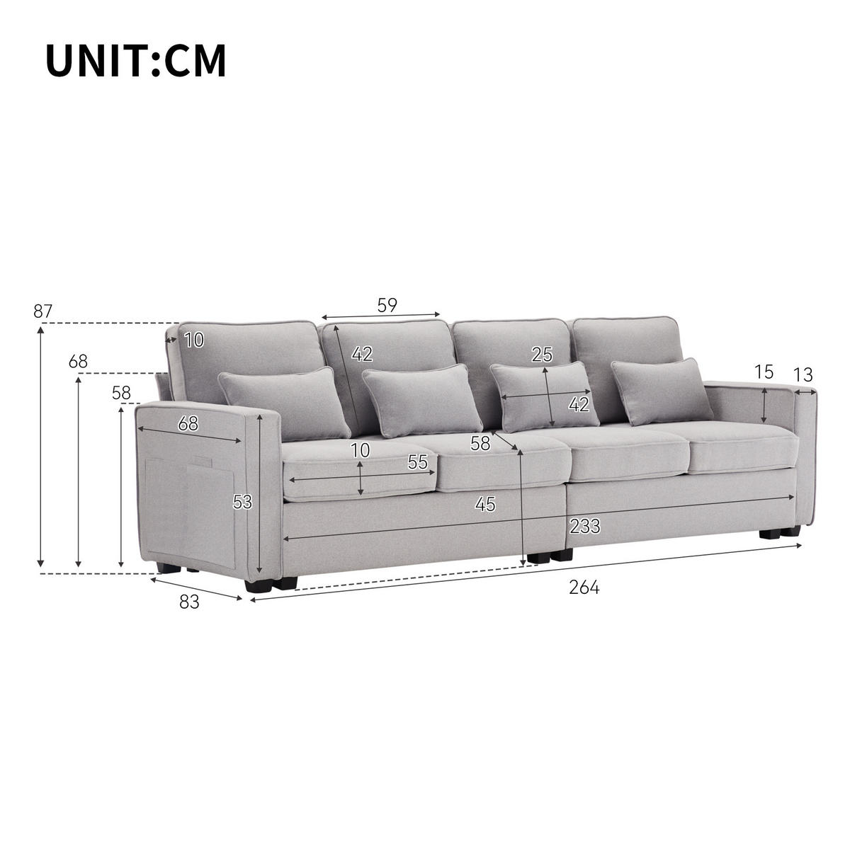 4-SITZER Sofa 264/87/83 cm Grau aus Leinen mit Armlehnentaschen - Hellgrau, Textil (83/87/264cm) - OKMYHOME