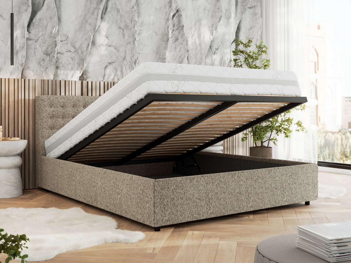 POLSTERBETT PAVO CLASSIC 180/200 - Dunkelbeige Strukture - Multipocket-Matratze - Taupe, Textil (180/200cm) - MKS