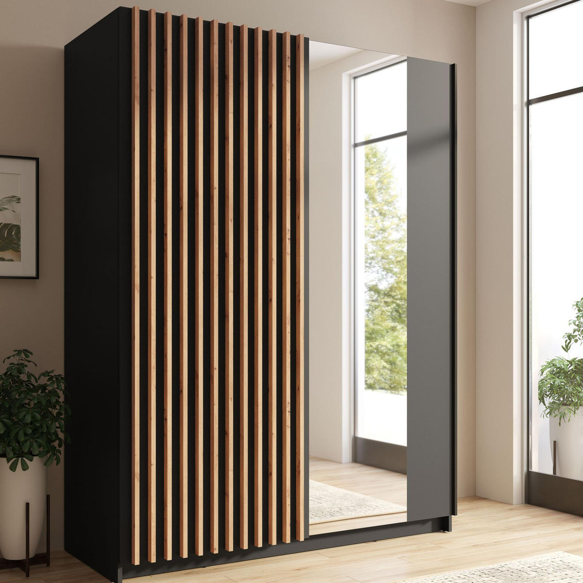 SCHIEBETÜRENSCHRANK CASTARI Schwarz / Artisan Eiche - Schwarz/Eiche Artisan, Holzwerkstoff (150.6/198.5/62cm) - KONSIMO®