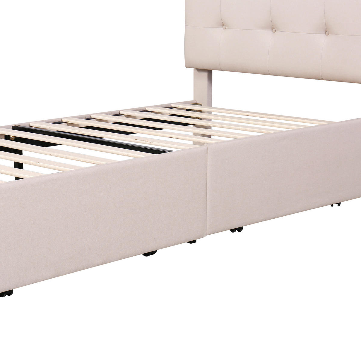 POLSTERBETT 90/200 mit LED-Beleuchtung, 2 Schubladen, Lattenrost und Leinenpolsterung in Beige - Beige, Holzwerkstoff/Textil (90/200cm) - EVRYAE