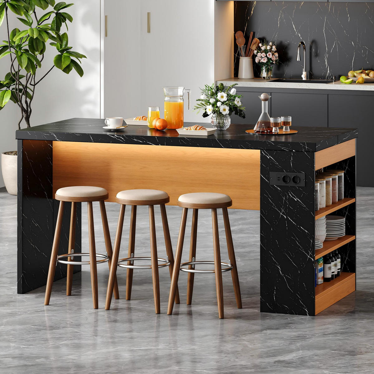 KÜCHENINSEL 90 cm MDF Schwarz Natur mit LED-Beleuchtung und USB-Steckdose - Schwarz, Holzwerkstoff (80/90/155cm) - Korfee