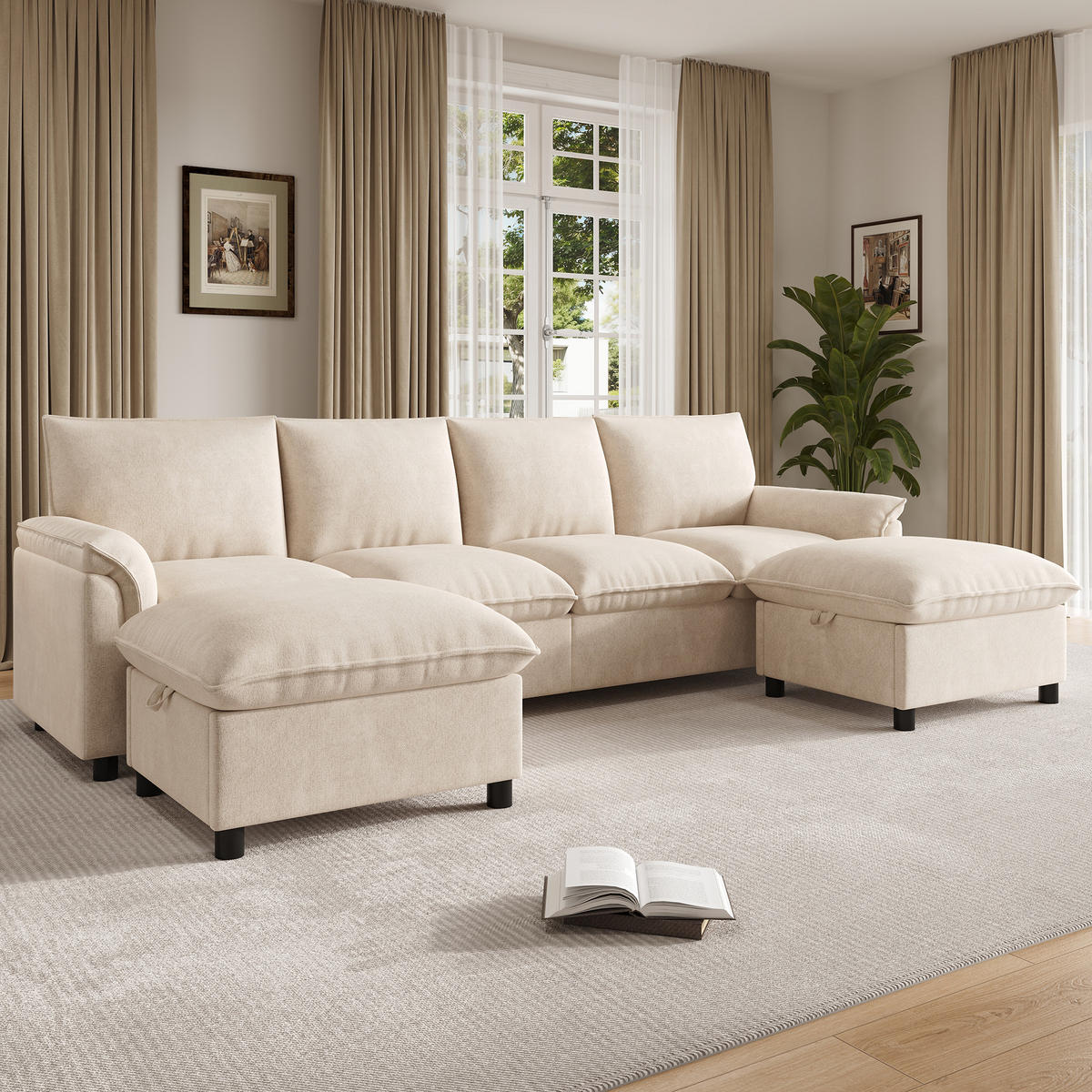 WOHNLANDSCHAFT 264.5/142.5/84 cm Beige mit 2 Aufbewahrungs-Ottomane - Beige, Textil (142.5/84/264.5cm) - Oxeza