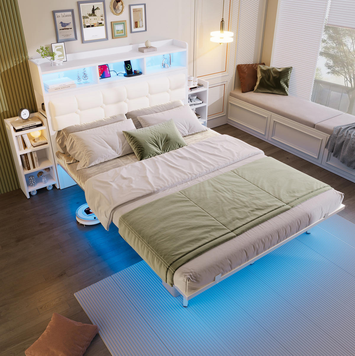 POLSTERBETT 140/190 cm mit LED, USB-/USB-C-Ladestation und 2 ausziehbaren Nachttischen, Weiß - Weiß, Metall (140/190cm) - Redom