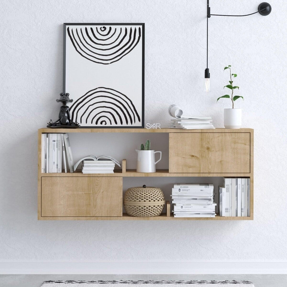 HÄNGEREGAL mit 2 Türen und 2 offenen Fächern Holzdekor Eiche lya 120/22/50 cm - Eschefarben, Holzwerkstoff (120/50/22cm) - Calicosy