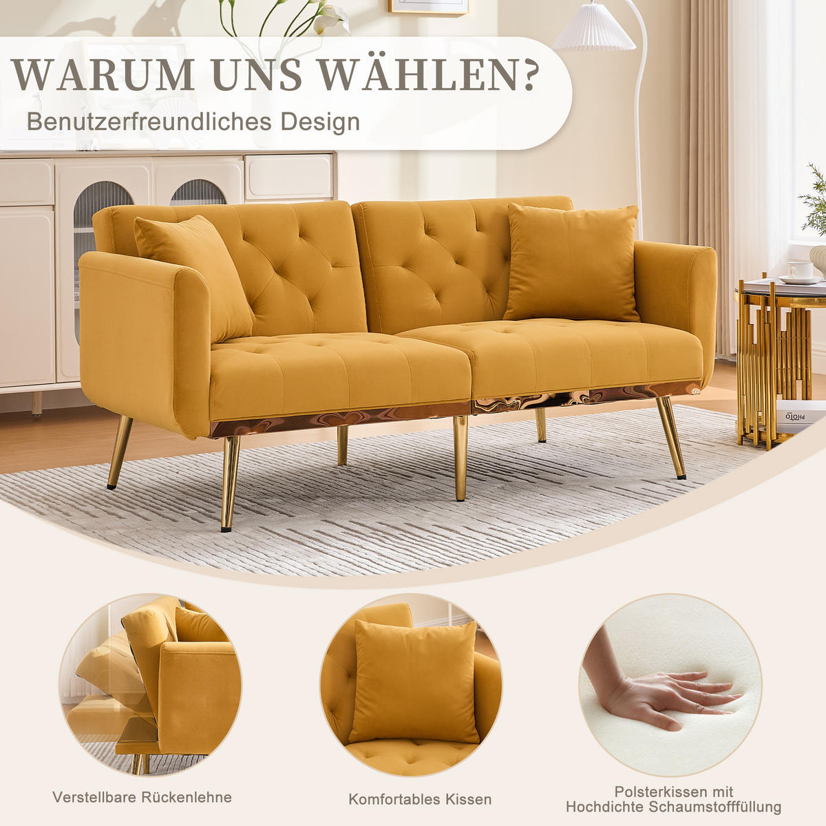 SCHLAFSOFA Samt mit verstellbarer Rückenlehne Senfgelb 165/72,5/75 cm - Gelb, Textil (72.5/75/165cm)