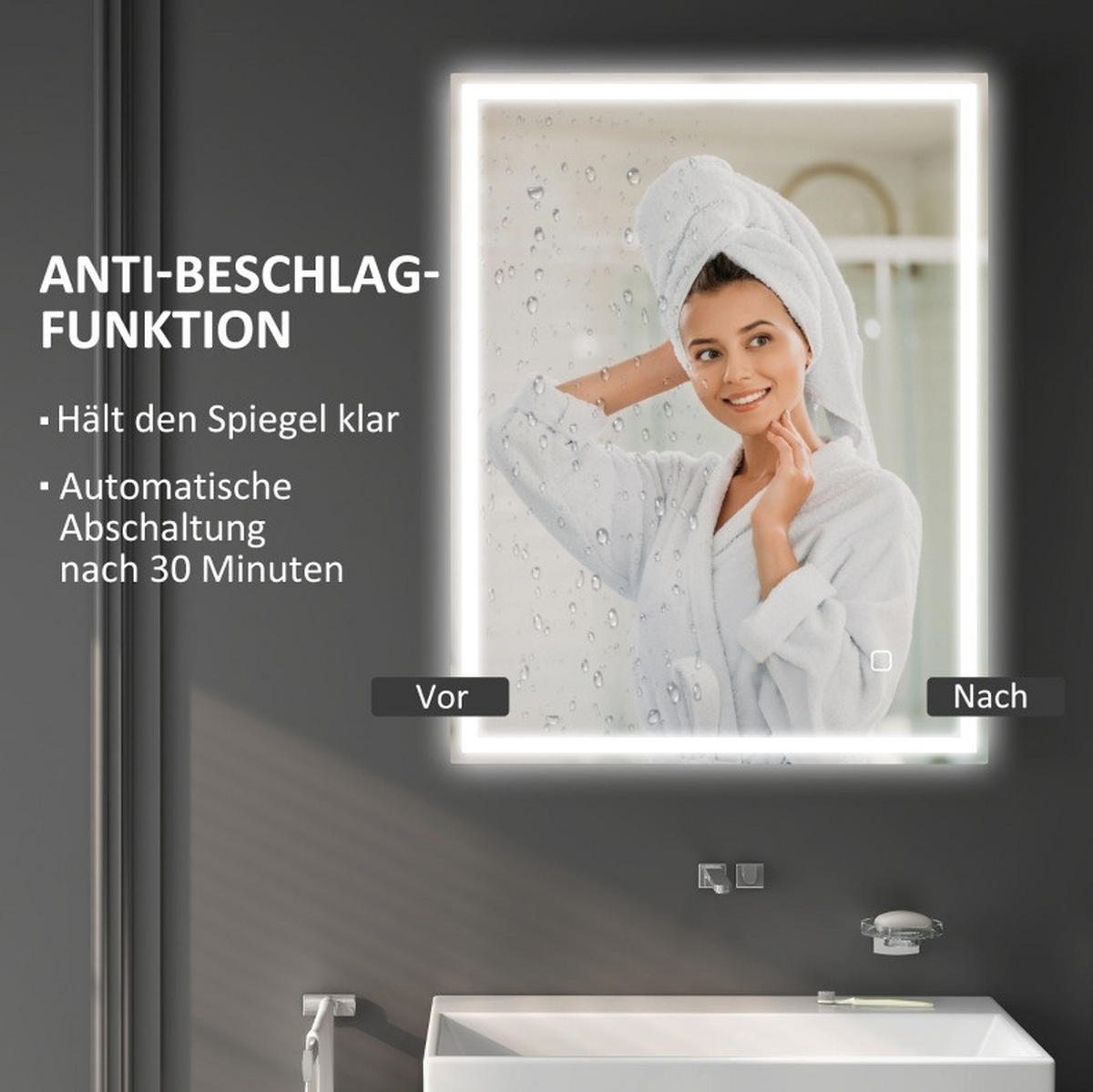 WANDSPIEGEL 90/70/4 cm Silber aus gehärtetem Glas mit LED, Antibeschlag und Memory-Funktion - Silberfarben, Glas (70/4/90cm) - OKWISH