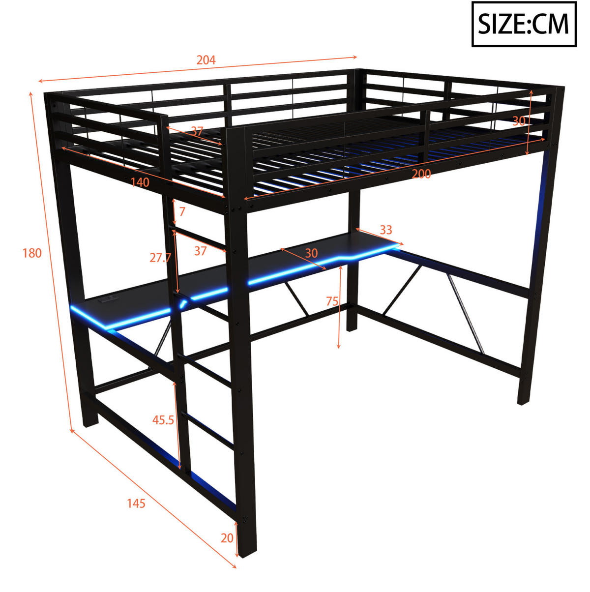 HOCHBETT 140/200 cm aus Metall und MDF mit Schreibtisch und LED-Beleuchtung Schwarz - Schwarz, Holzwerkstoff (140/200cm) - Modenvie