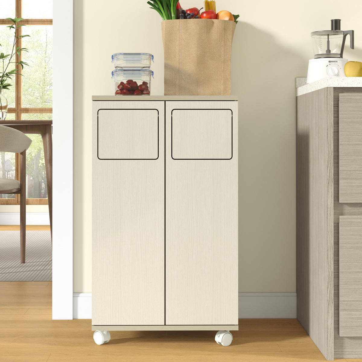 KOMMODE 46,7/35/80 cm aus MDF mit 2 Fächern und Rollen Weiß (Hellholz-Optik) - Weiß, Holzwerkstoff (46/80/35cm) - Modenvie