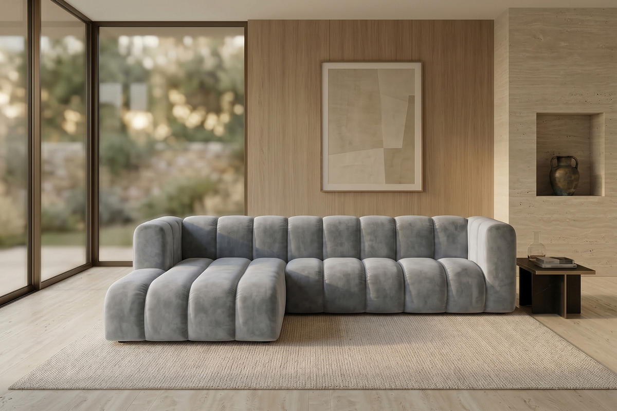 ECKSOFA Modulares In L-Form, Velvet-Stoff Riviera, Grau, Links, GRAND 287 cm - Grau, Holz (287/179cm) - Kaiser Möbel