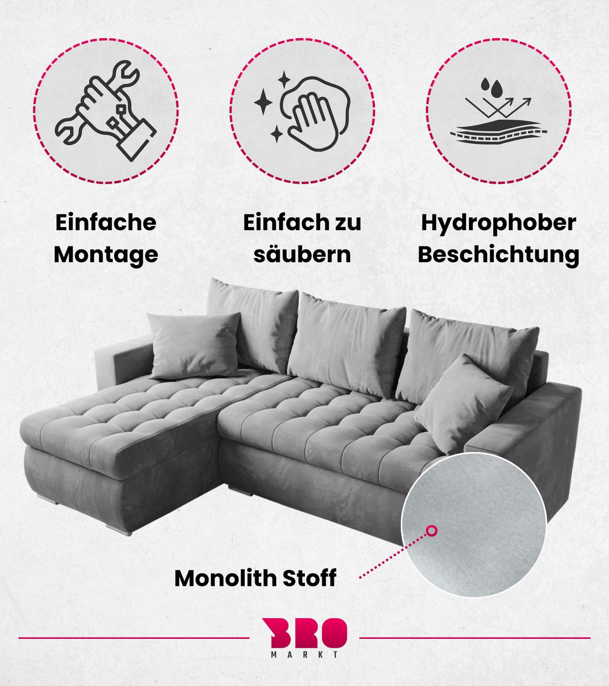 ECKSOFA Luis mit Schlaffunktion Hellgrau Samt - Silberfarben/Hellgrau, Kunststoff/Textil (148/238cm) - Bromarkt