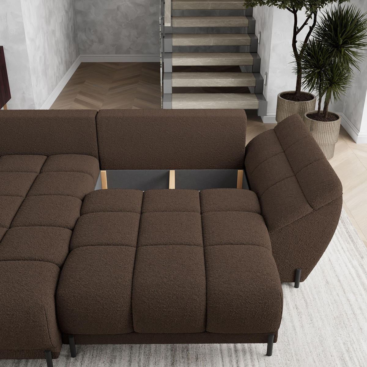 ECKSOFA VESTANO L-S Braun Boucle-Stoff mit Schlaffunktion - Braun, Holz (287/182cm) - MASSENO