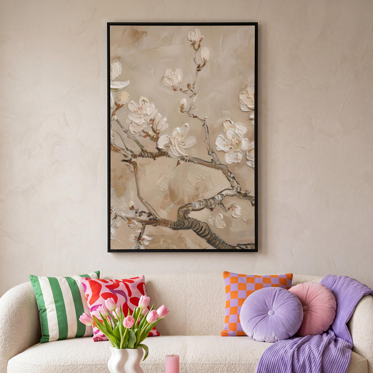 LEINWAND Bilder mit Rahmen - Blumen - Modern - Beige - Weiß - Blüte - 100x150 - Beige, Textil (100/150cm) - MuchoWow
