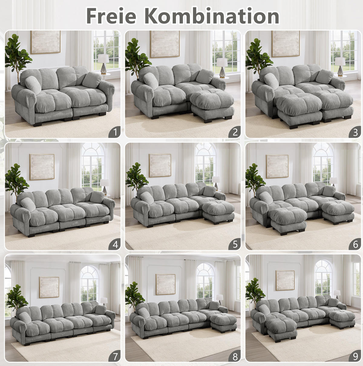 ECKSOFA 190 x 149 x 90 cm in Hellgrau aus Chenille mit modularem Aufbau - Hellgrau, Textil (149/190cm) - Flora Grace
