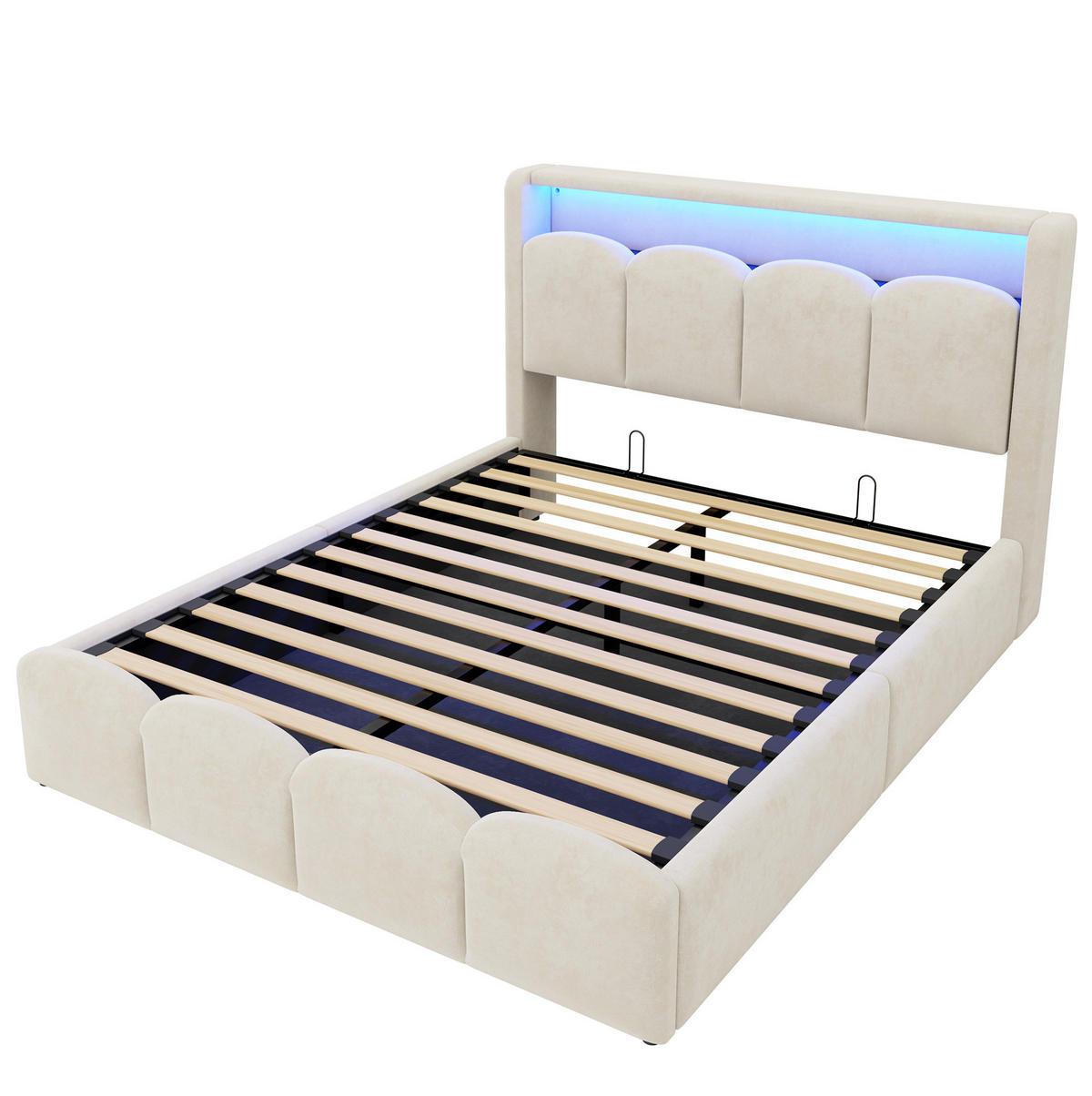ČALOUNĚNÁ postel 140/200 cm s LED osvětlením, USB-C, USB a hydraulickým úložným prostorem, Béžová - béžová, textil (140/200cm) - Redom