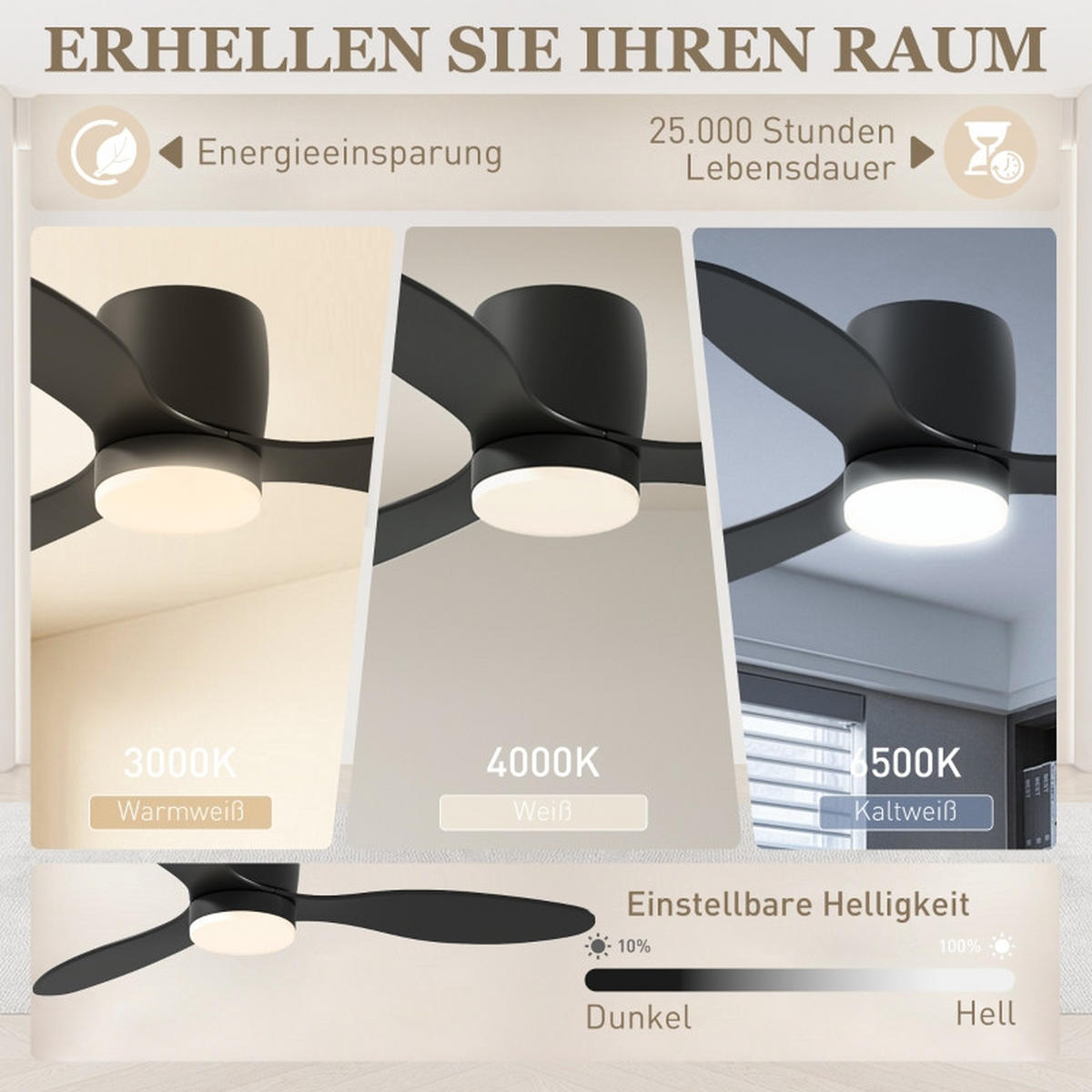 DECKENVENTILATOR 115cm LED Licht DC Motor 3 Flügel Timer - Schwarz, Kunststoff (115/115/20cm) - CASIVA