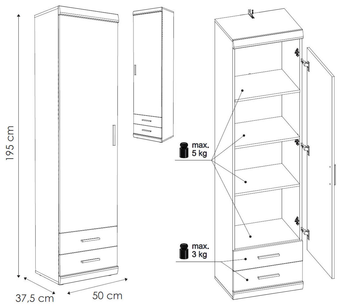 STAURAUMSCHRANK Imperial Nussbaum Imperial 50 / 37,5 / 195 cm - Nussbaumfarben/Braun, Holz/Holzwerkstoff (50/195/37cm) - Feldmann-Wohnen