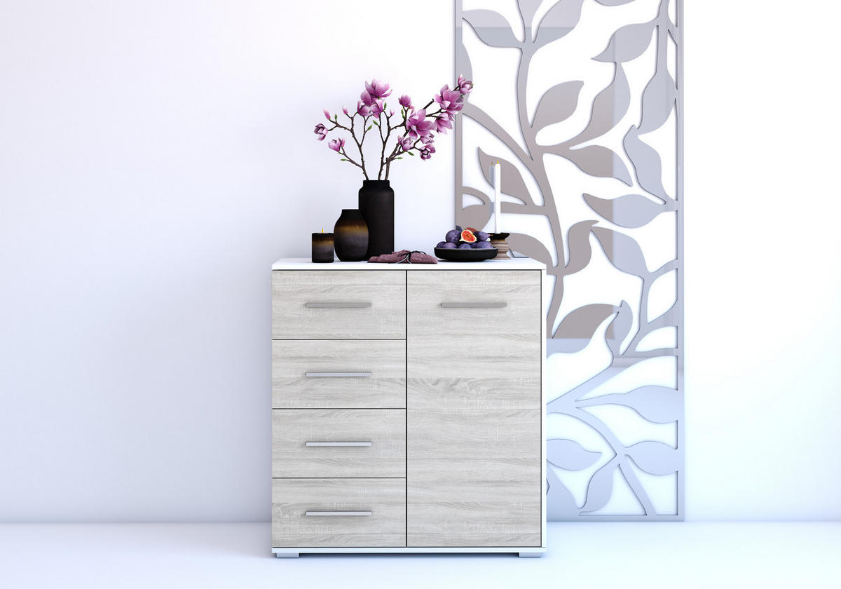 KOMMODE - Highboard IRYS MINI (Weiß + Sonoma) - Weiß/Sonoma Eiche, Holzwerkstoff (90/95/45cm) - Möblo