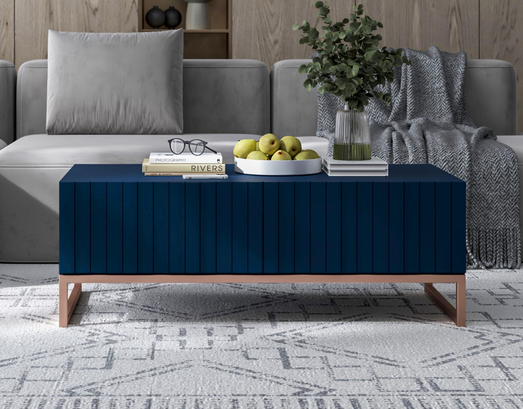 COUCHTISCH Elpis Marineblau matt Glamour 110 cm - Blau/Kupferfarben, Holzwerkstoff/Metall (54/110/39cm) - Meble Lindner