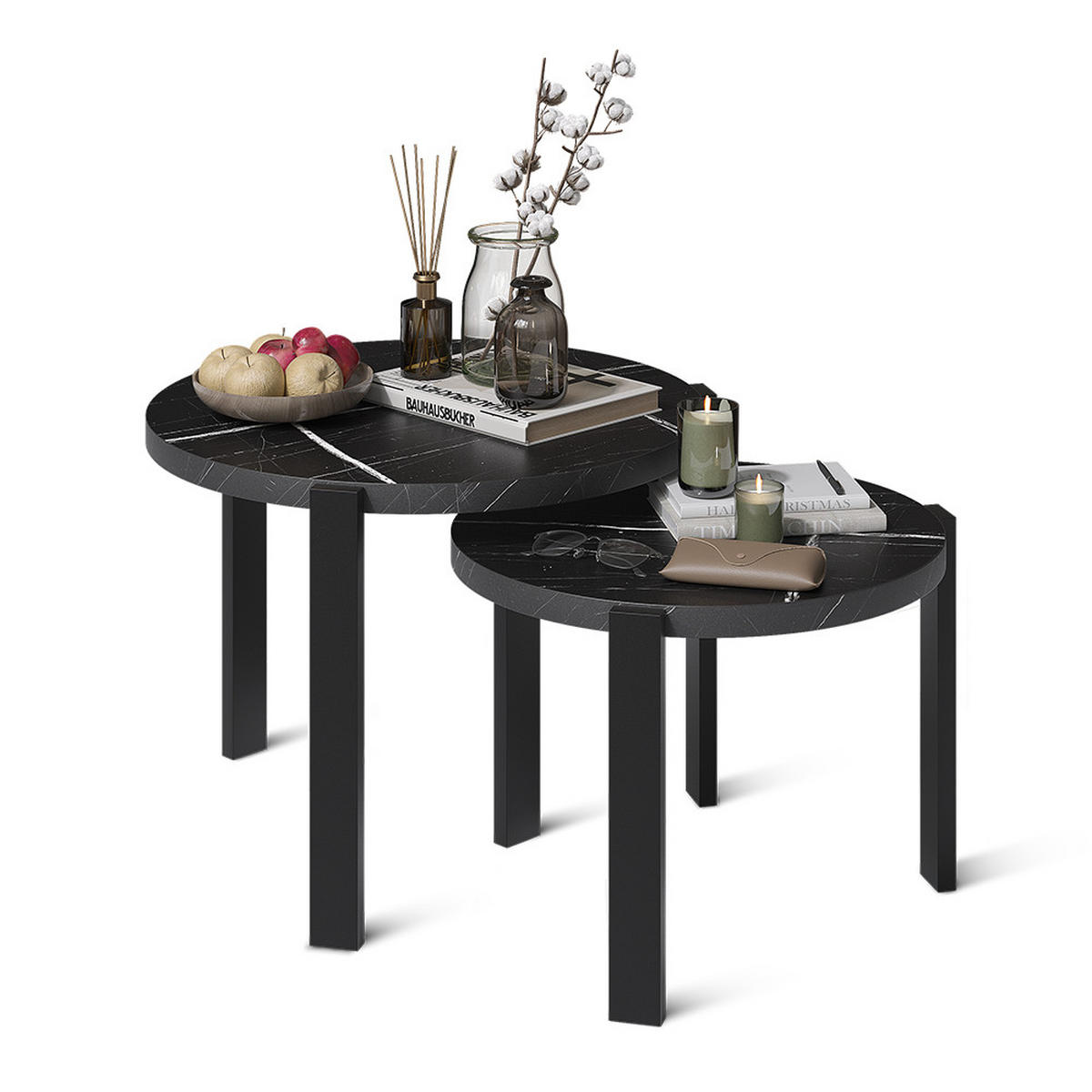 SET MASUTA DE CAFEA Norin, Marmură neagră/Negru, 60 x 60 cm - negru cu luciu intens/negru, compozit lemnos (60/60/45cm) - Vicco