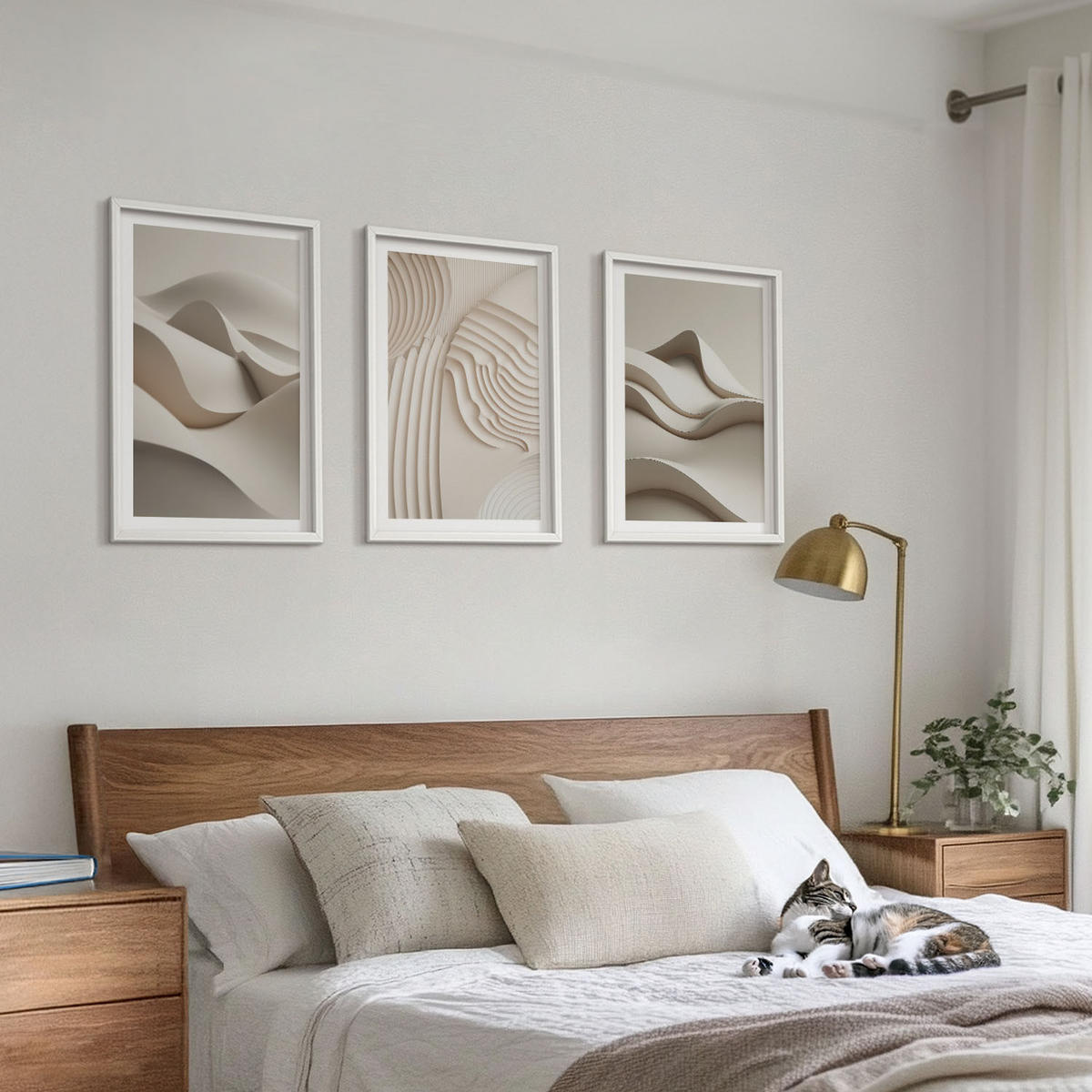 BILDER SET 3er Set - 40x60 cm Weißer Rahmen - Abstrakte beige Wellen - Weiß, Kunststoff (40/60cm) - TULUP