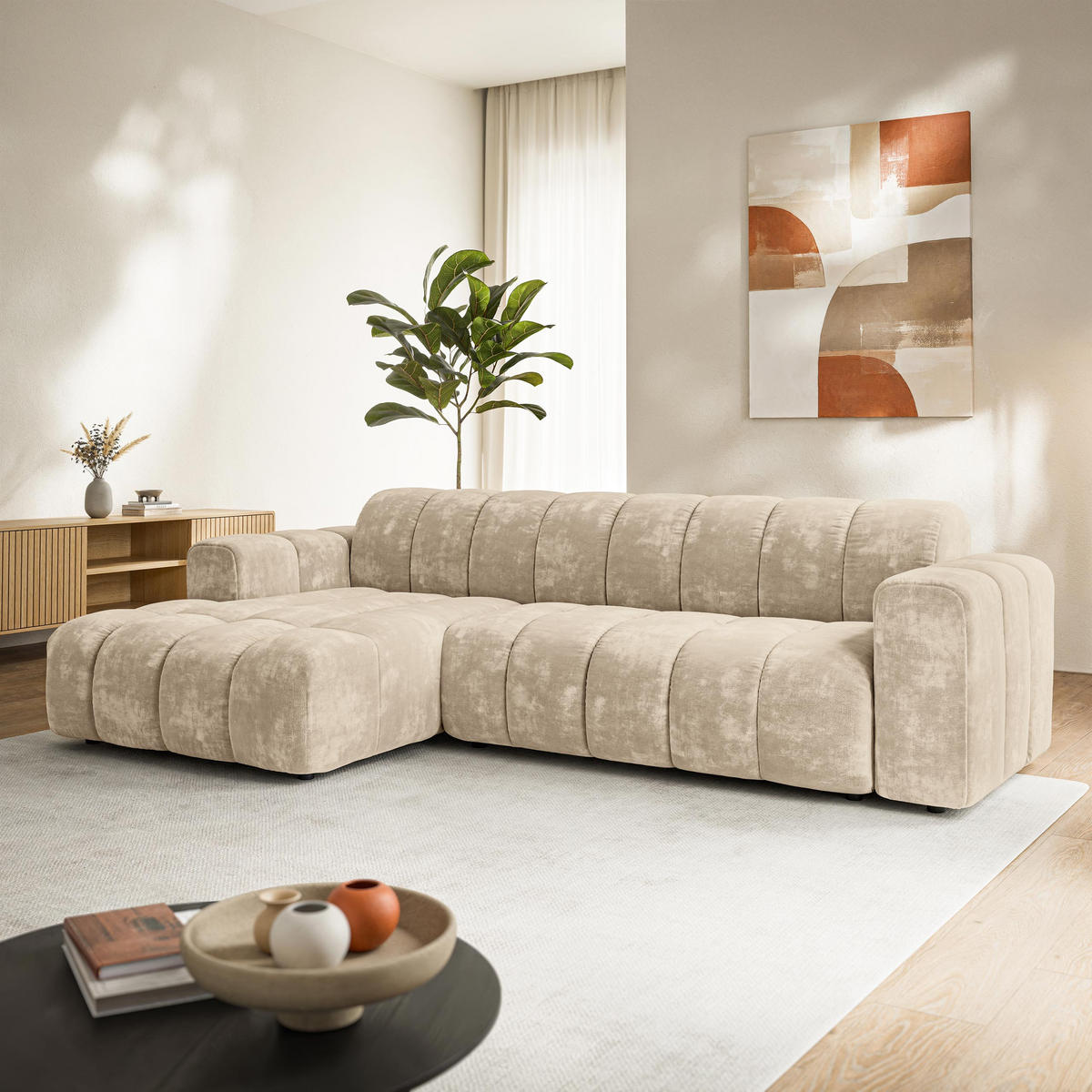 ROHOVÁ Sedačka SETIA LUMO 55, Krémová - černá/krémová, dřevo/textil (304/165cm) - MASSENO