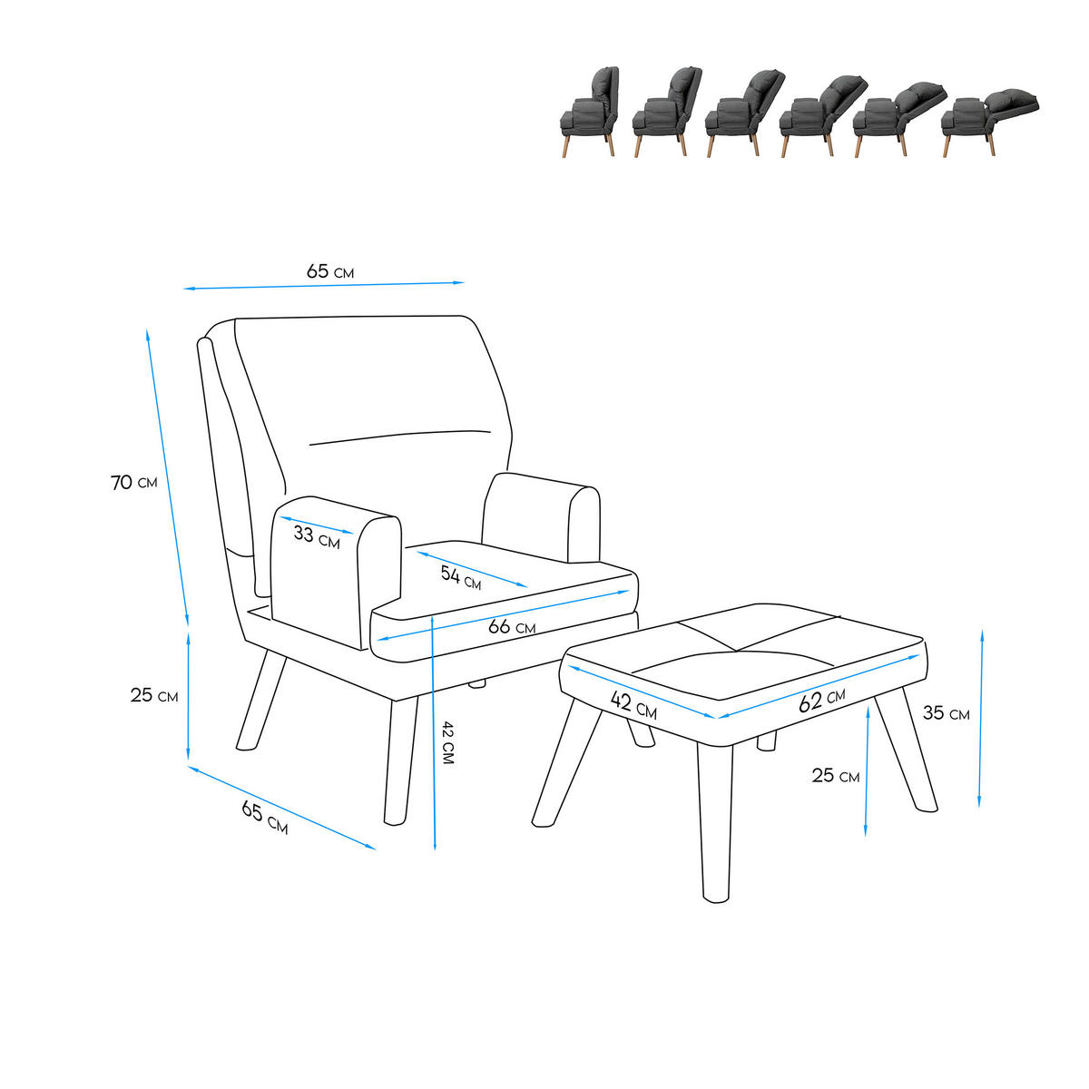 RELAXSESSEL NEMO mit Hocker und Holzfüßen - Rosa, Holz (65/95/65cm) - Idohome