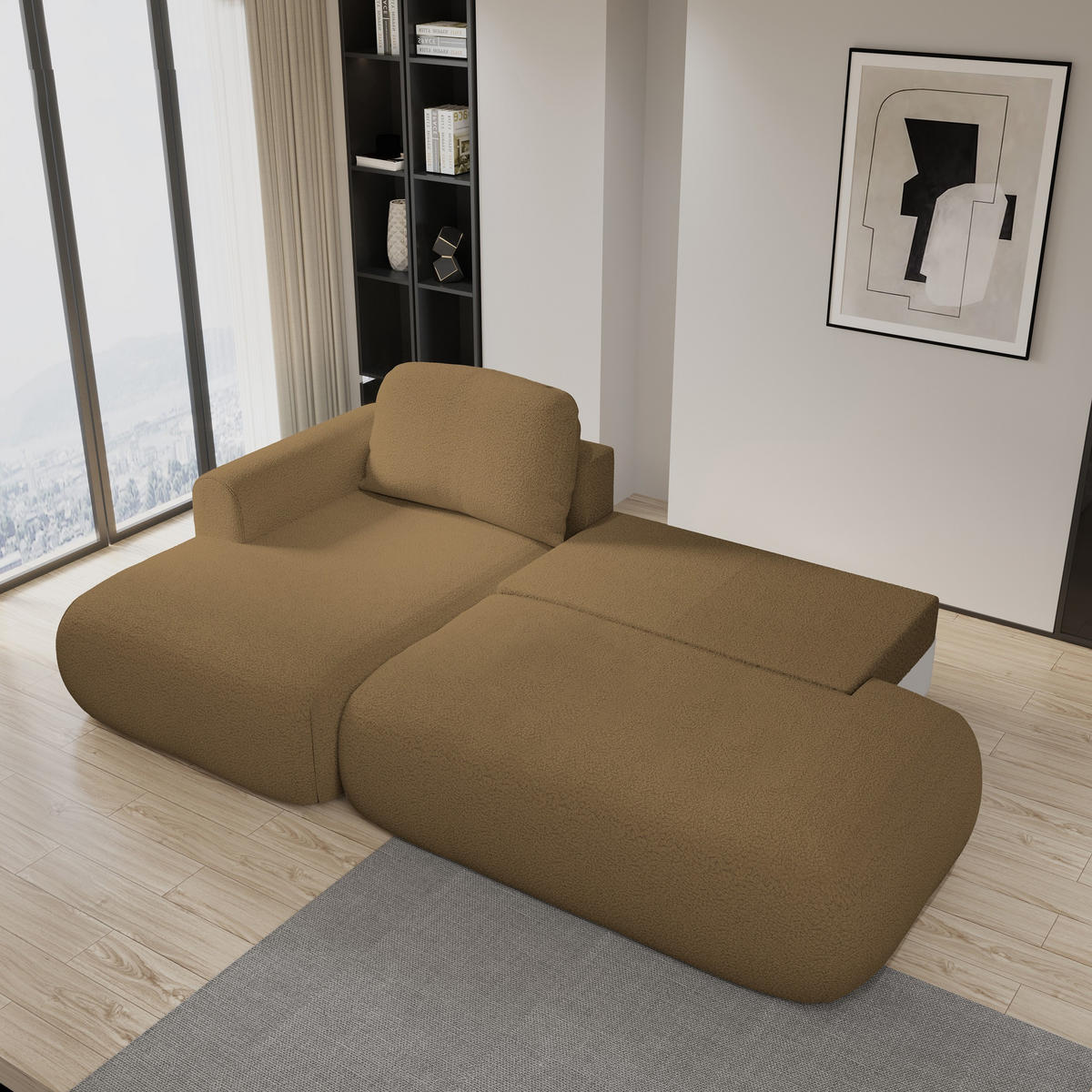 ECKSOFA NUVIRA L-S Orange Boucle-Stoff mit Schlaffunktion - Orange, Holz (274/165cm) - MASSENO