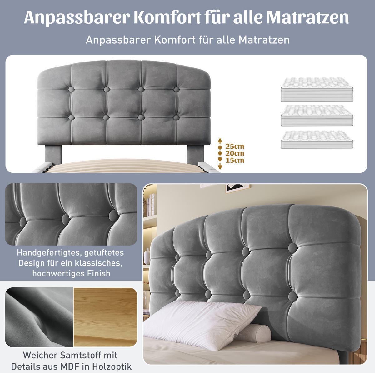 POLSTERBETT 90x200 cm in Grau mit höhenverstellbarem Kopfteil und Schubladen - Grau, Textil (90/200cm) - IVMEU