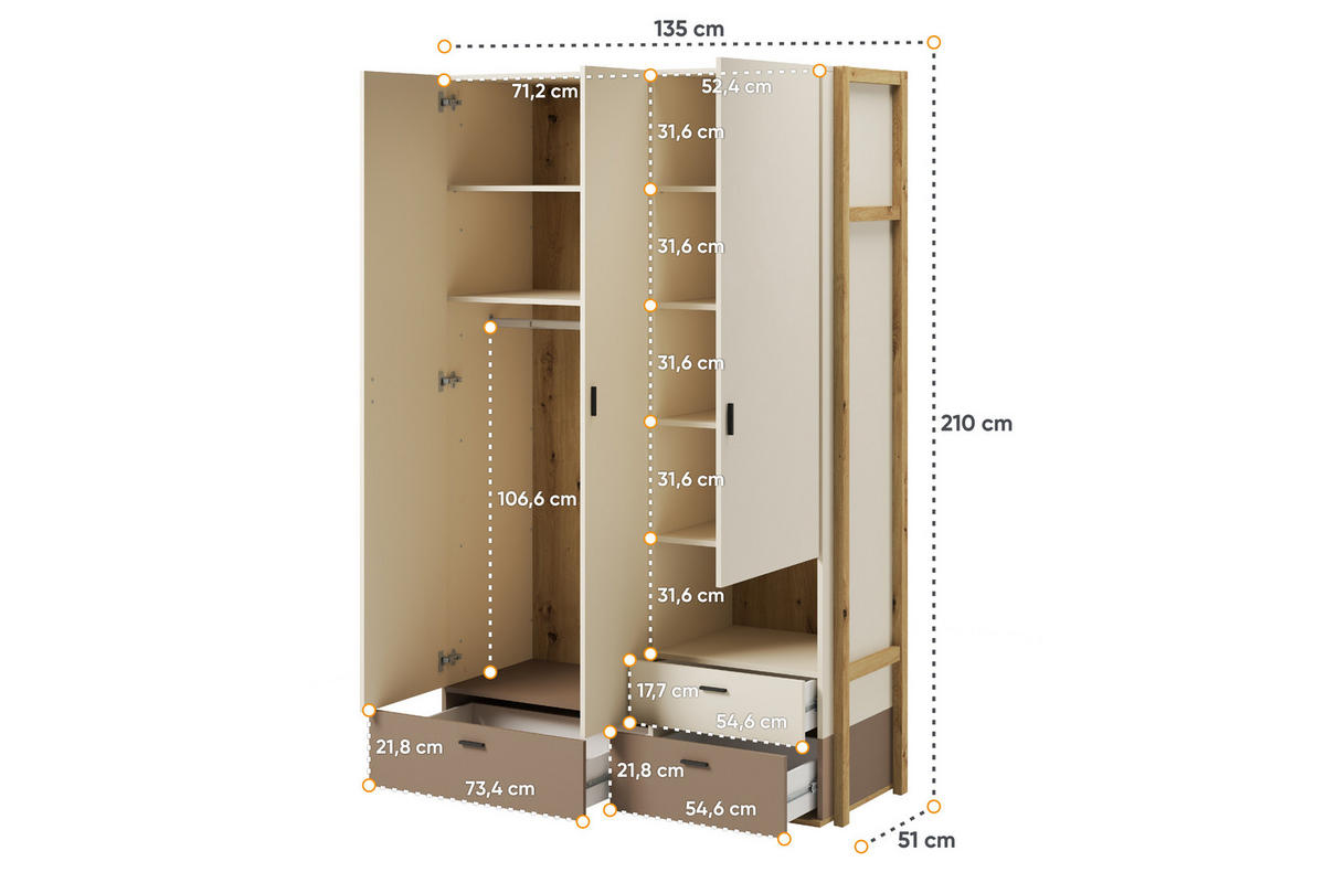KINDERKLEIDERSCHRANK TRIDA mit Holzelementen, braun/artisan eiche - Braun/Eiche Artisan, Holz (135/210/51cm) - KONSIMO®