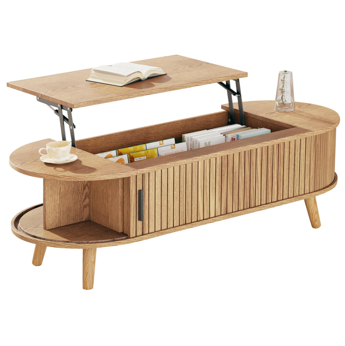 COUCHTISCH 120/50/39,5 cm höhenverstellbar mit verstecktem Stauraum und Rolltüren aus MDF, Natur - Naturfarben, Holzwerkstoff (120/50/39.5cm) - Modfu