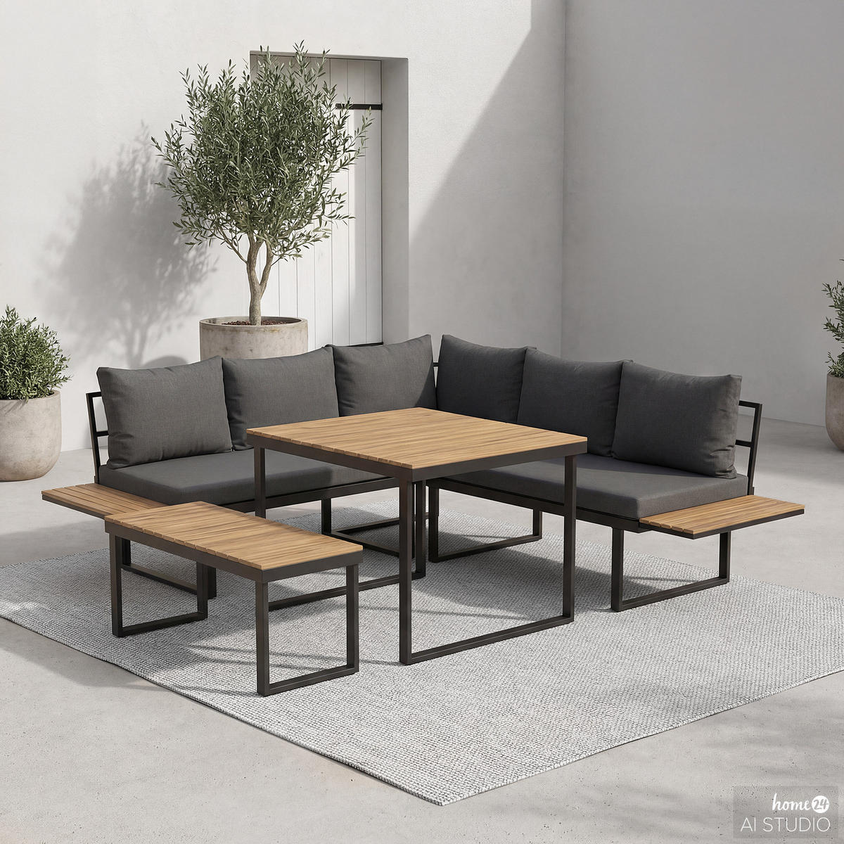 LOUNGESET - 3-teilig - Eisen / Webstoff - Dunkelgrau - Schwarz/Grau, Holz/Metall - home24