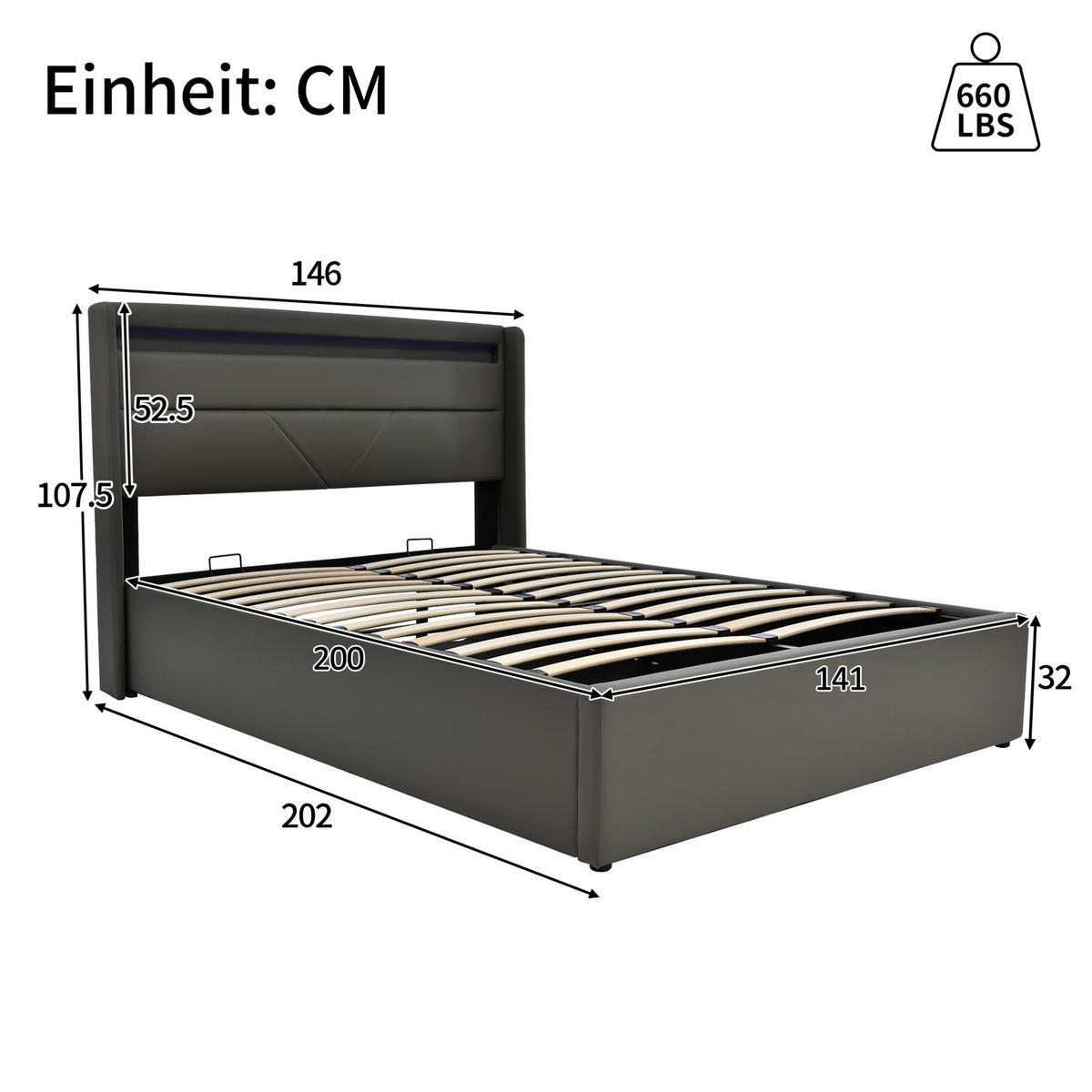 POLSTERBETT 140/200 cm Grau aus PU mit LED-Beleuchtung - Grau, Kunststoff (140/200cm) - OKMYHOME