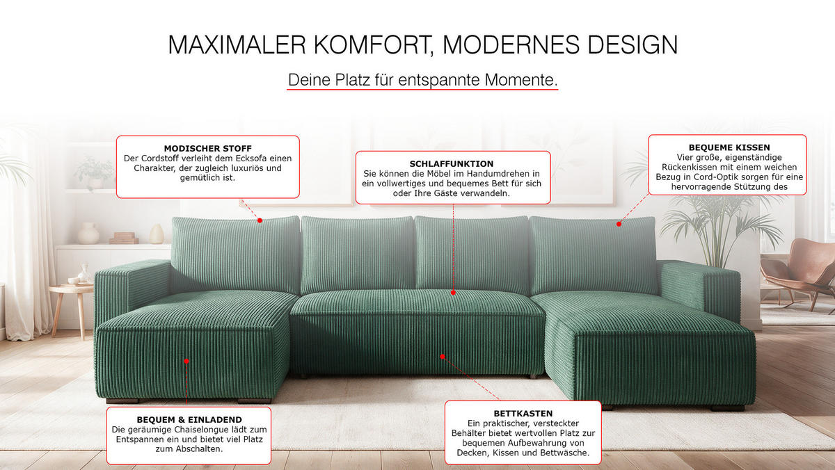 WOHNLANDSCHAFT CUDDY U mit Schlaffunktion und Bettkasten, Farbe: Grün, Cordstoff - Grün, Textil (305/85/140cm) - Storez24