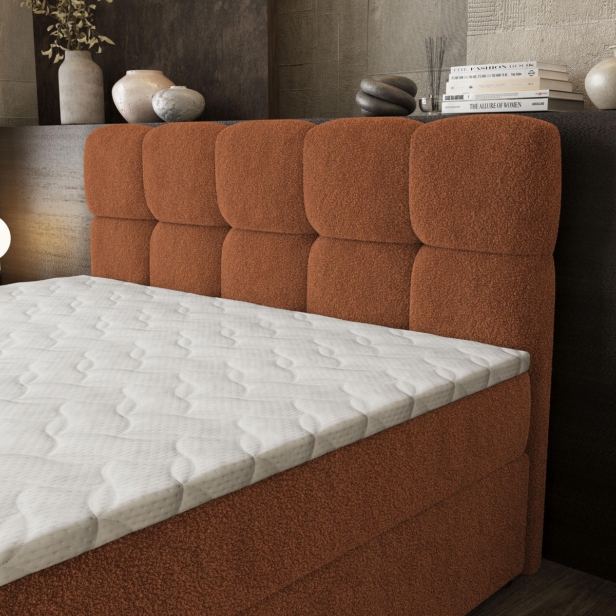 BOXBETT BRUME 180x200 cm mit Matratze und Topper, H2+H3 - Kupferfarben - Kupferfarben, Holz (180/200cm) - MASSENO