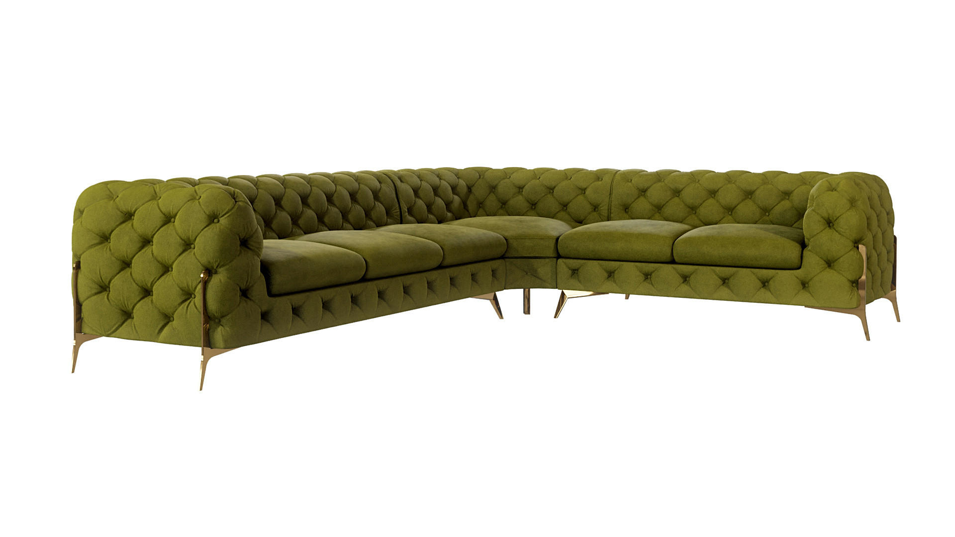 S-Style CHESTERFIELD ROHOVÁ SEDAČKA Lexi z olivového sametu se zlatými nohami - otoman vpravo