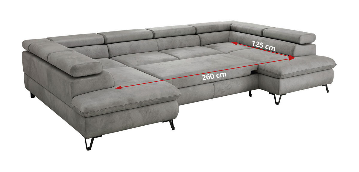 WOHNLANDSCHAFT PABLO U Velvet Hellgrau mit Topper Visco - Hellgrau/Schwarz, Textil/Metall (346/76/208cm) - MKS