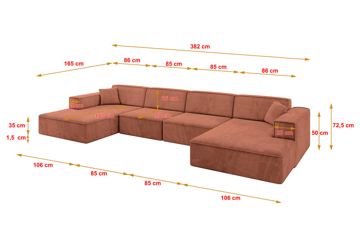 WOHNLANDSCHAFT IREA-U2-v4 - 382x165x72,5 cm Apricot - Koralle, Holzwerkstoff/Textil (382/72/165cm) - ALTDECOR
