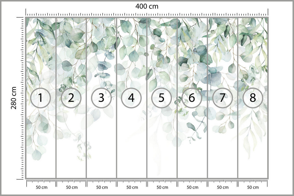 FOTOTAPETE Aquarell Eukalyptusblätter Pflanzen Natur 400x280 - Weiß/Grün, Papier (400/280cm) - Muralo