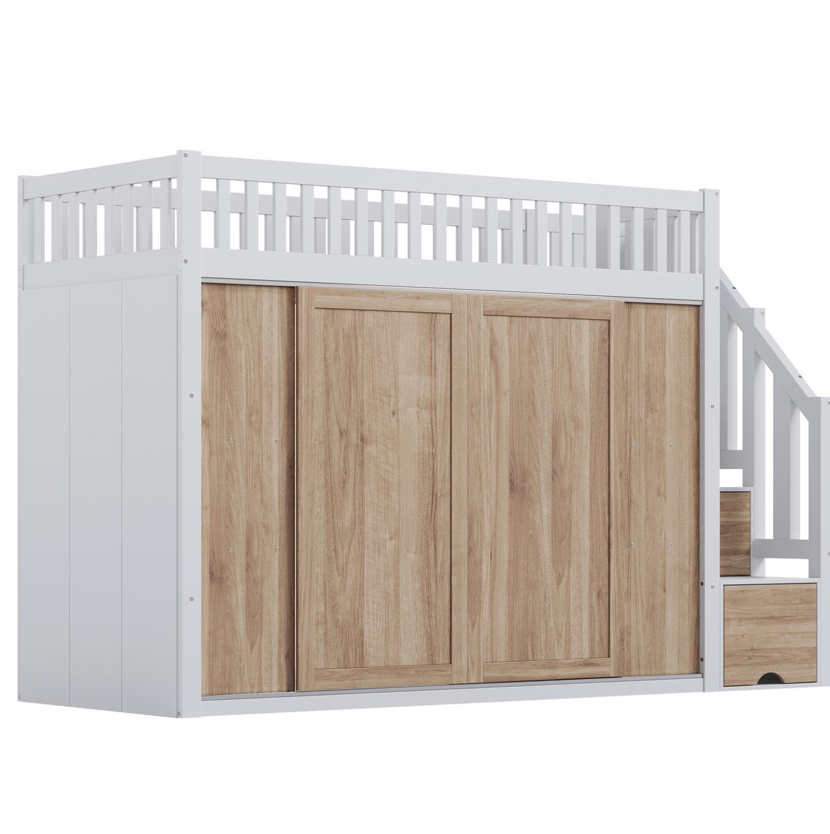 HOCHBETT 90/200 cm aus Massivholz/MDF mit Kleiderschrank, Treppenschrank und LED-Lichtleiste Weiß/Eichefarben - Weiß, Holz (90/200cm) - Modenvie