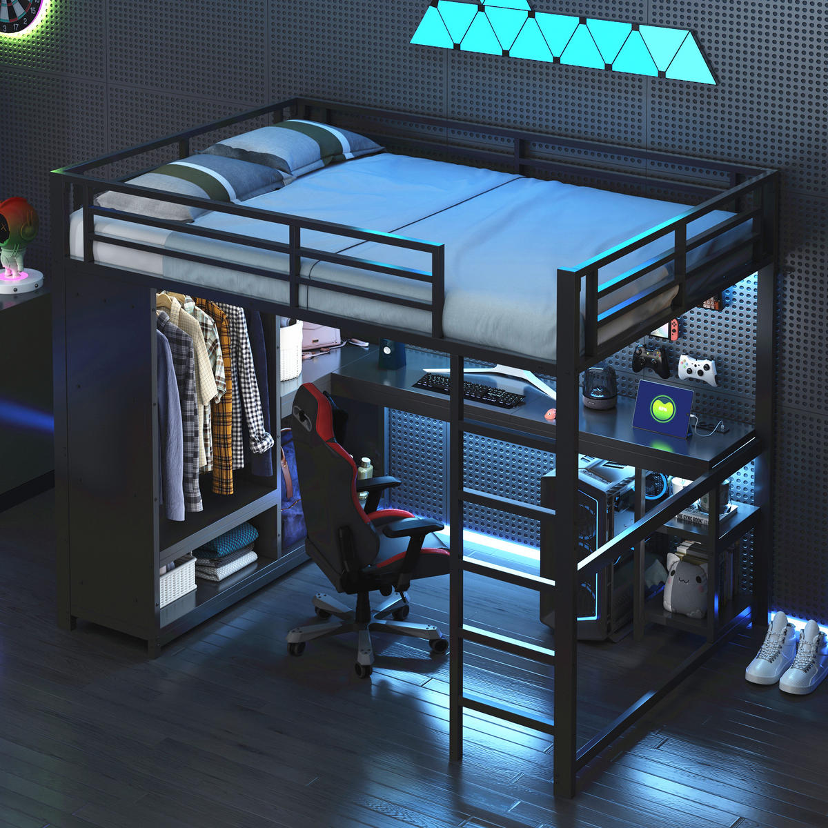 HOCHBETT 140/200 cm schwarz aus Metall mit LED und Schreibtisch - Schwarz, Metall (140/200cm) - OKWISH